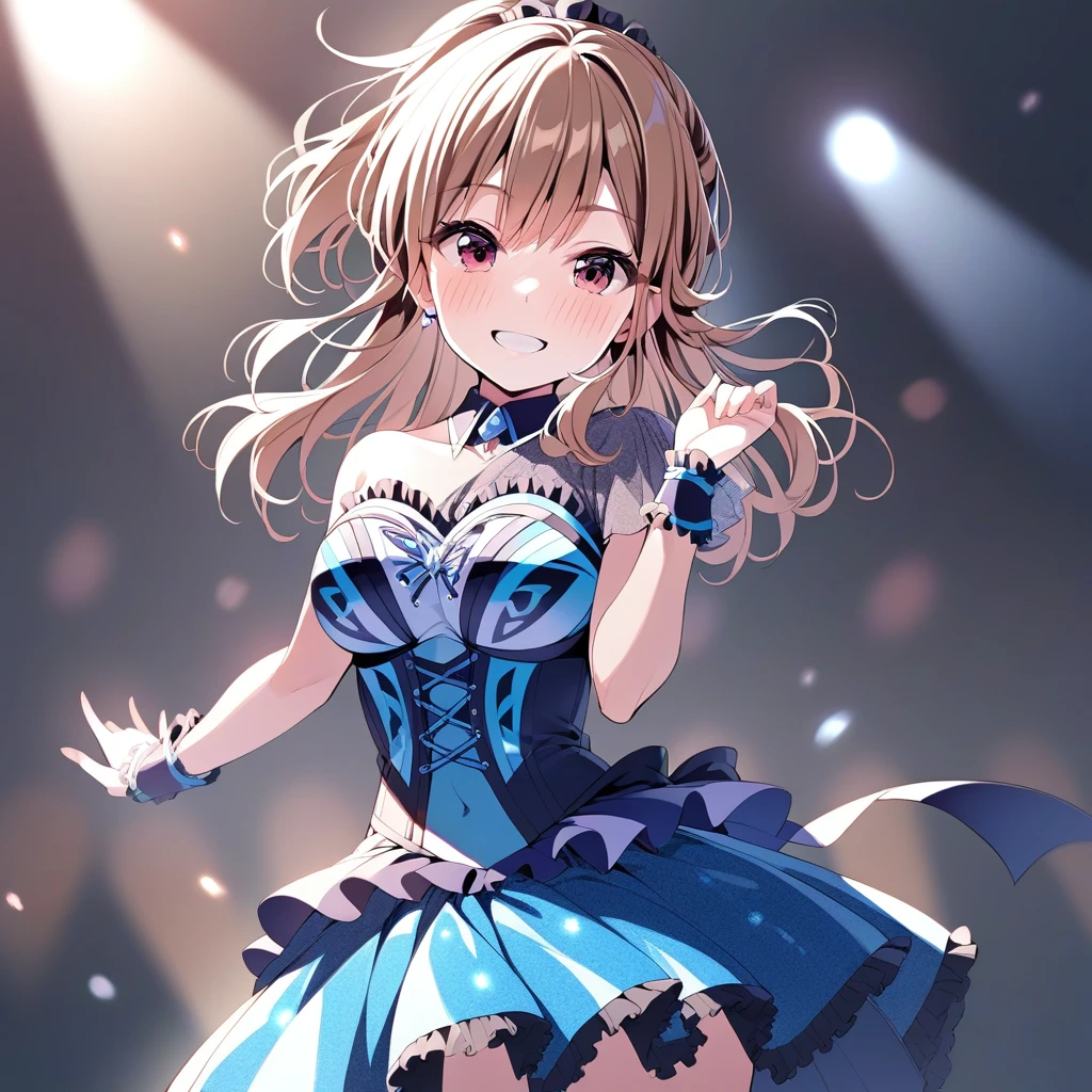 [high quality, best quality], 1girl, solo, hayasaka mei, <lora:mei_xl-000019:0.72>, idol-outfit, smile, blush