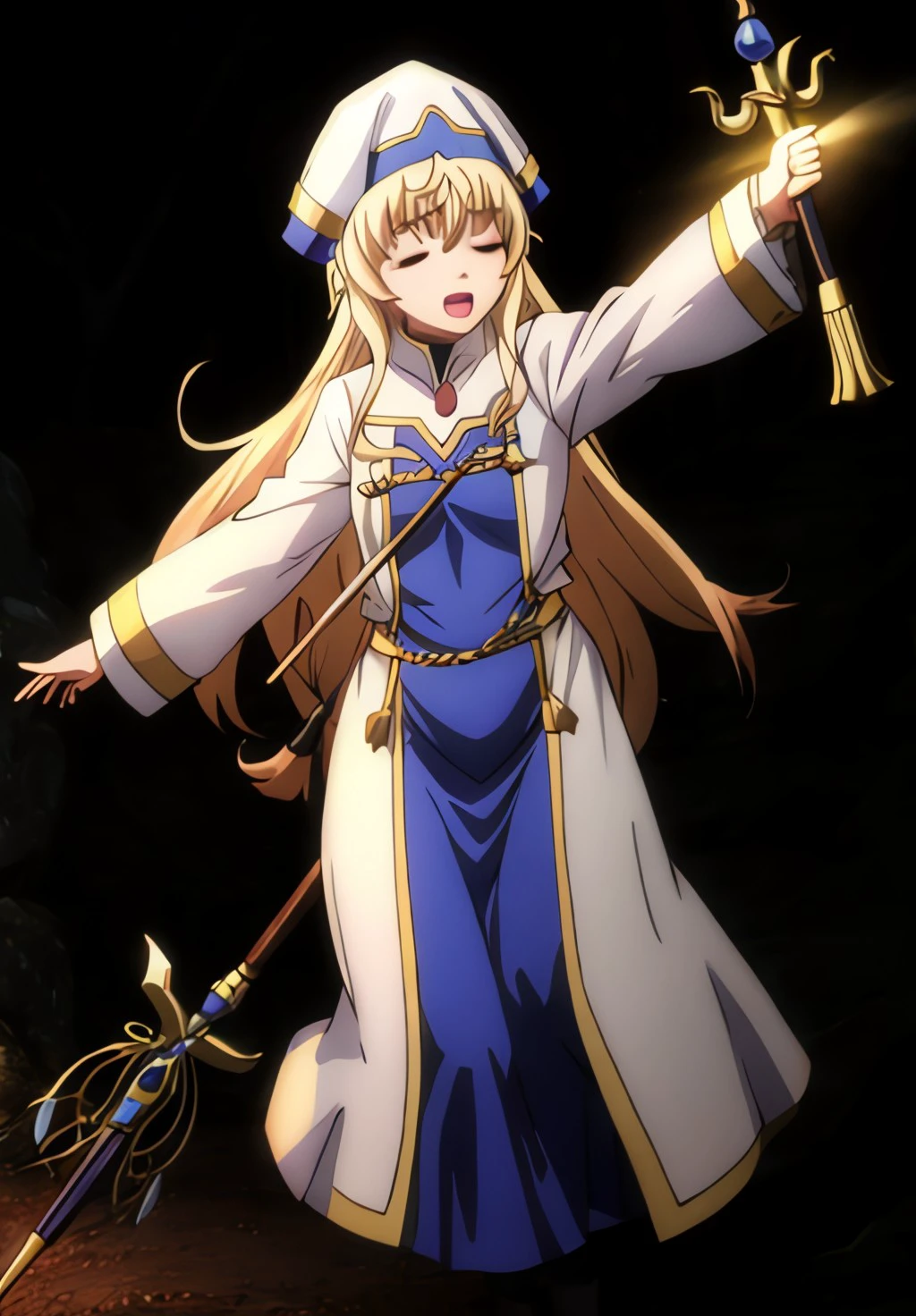 <lora:GoblinSlayer:0.8>, GoblinSlayer, Priestess, solo, open mouth, simple background, long sleeves, hat, dress, holding, closed eyes, glowing, white headwear, parody, outstretched arms, staff, black background, holding staff, singing