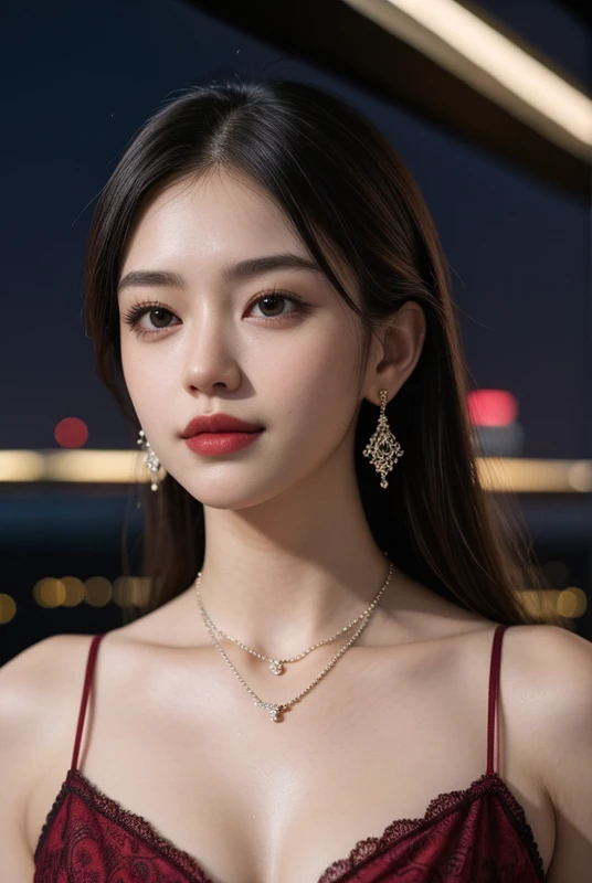 best quality, masterpiece, intricate details:1.4),highres,incredibly absurdres,wallpaper,(rich shadows:0.5),8k,Film grain,(beautiful face:1.3),looking at viewer,smirk,a woman,real skin,glamor,tall,muscular,(curvy:0.7) BREAK dark red dress,slip dress,earrings,necklace,spectacular night view,skyscraper,hdr,