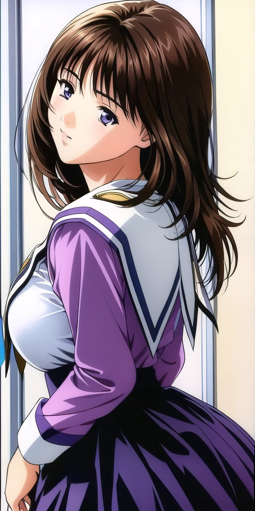 yoshizuki_iori, huge_breasts, standing, solo, <lora:yoshizuki_ioriV5:1> school_uniform_purple_shirt_blue_skirt_white_neckerchief_black_thighhighs, masterpiece, best quality, detailed face, detailed eyes, highres,