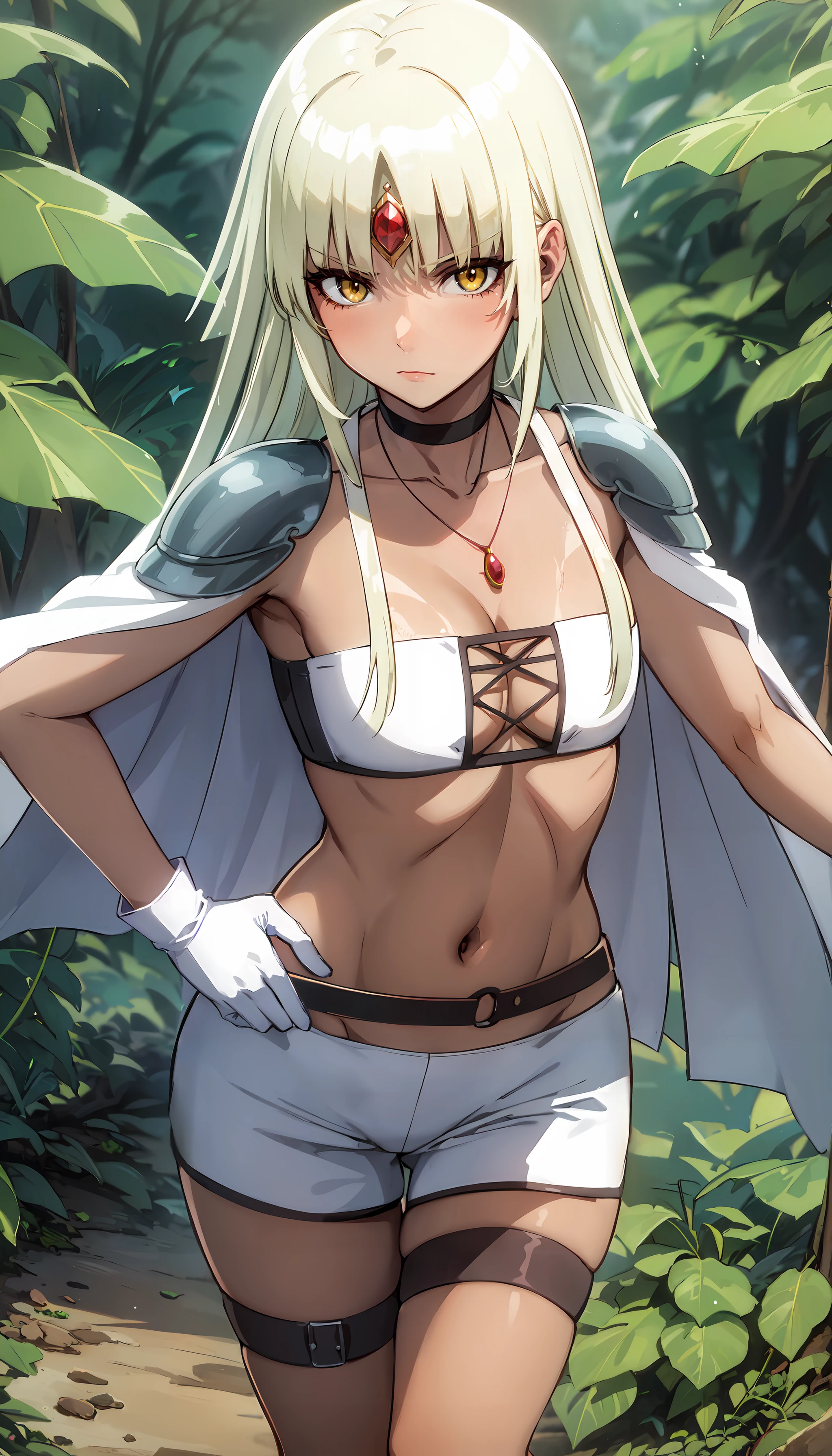 photorealistic, (4k), depth of field, (Masterpiece), (realistic skin texture), extremely detailed, intricate, hyper detailed, professional photography, bokeh, high resolution, sharp detail, best quality, woman, tanned skin, long hair, blonde hair, yellow eyes, white top, white shorts, white cape, white gloves, shoulder pads, choker, necklace, red gem on forehead, black belt, (leather leg harness), leather straps, (leather garters), petite, solo, <lora:GoodHands-beta2:0.8> , <lora:detail_slider_v4:0.8> , body bridge, dynamic pose, <lora:Navarre Polar-000004:0.8> , dense vegetation, forest path, vines, tropical rainforest, serious,