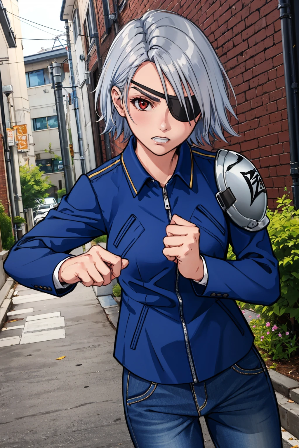 masterpiece, best quality, 1girl <lora:ff8fujin-nvwls-v1-000010:0.9> ff8fujin, silver hair, eyepatch, blue jacket, single shoulder pad, long sleeves, blue pants, fists, clenched teeth, furrowed brow, looking at viewer, alleyway