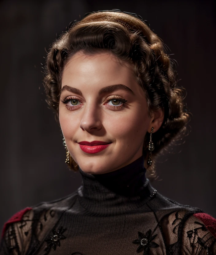 a51g3r , Ultra-HD-details, Black background, smile, detailed eyes, 50s dress, cotton hair, 40s makeup, 50s style, Necklace, jewelry, ((Turtleneck red)), intricate 