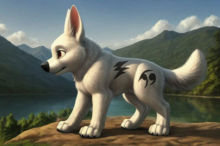 bolt, dog, male, feral, ((solo)), standing, ((black tattoo on the side of the body)), view of the forests mountains and lake, best landscape, realistic fur, anatomically correct, detailed, detailed background, best quality, masterpiece, detailed eyes, detailed pupil,