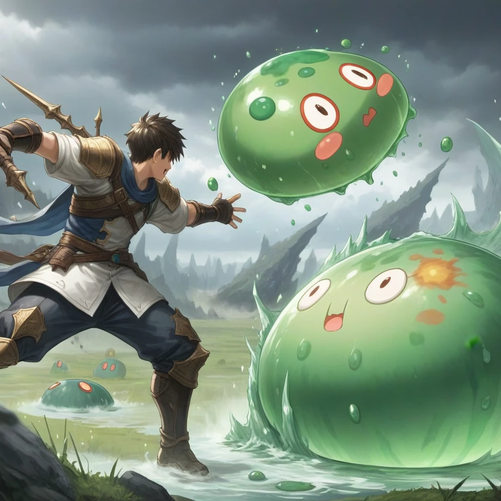 1boy and 1Slime, battle, fantasy,