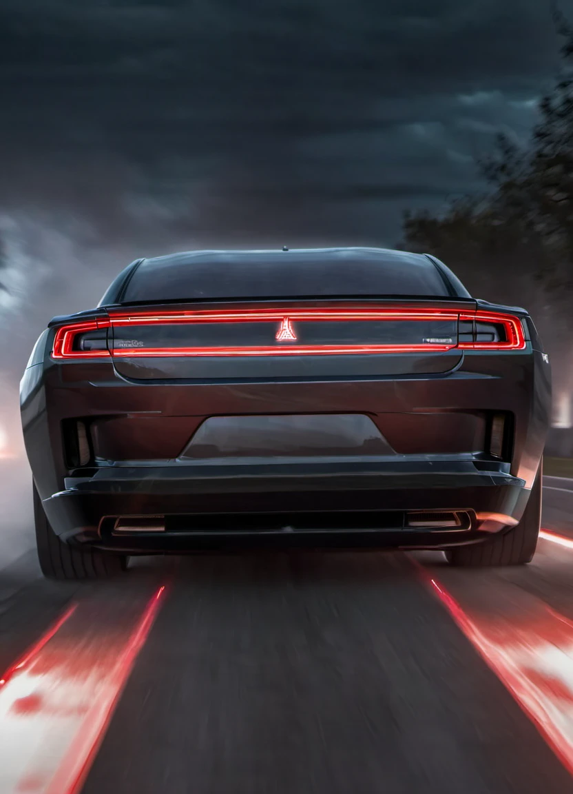 <lora:ChargerConceptSDXL_v1:1> black chargerconcept driving through the night, seen from the behind with the tail lights on, tire smoke, dramatic, red lighting, driver, lightning and storm,
realistic, cinematic, highly detailed,