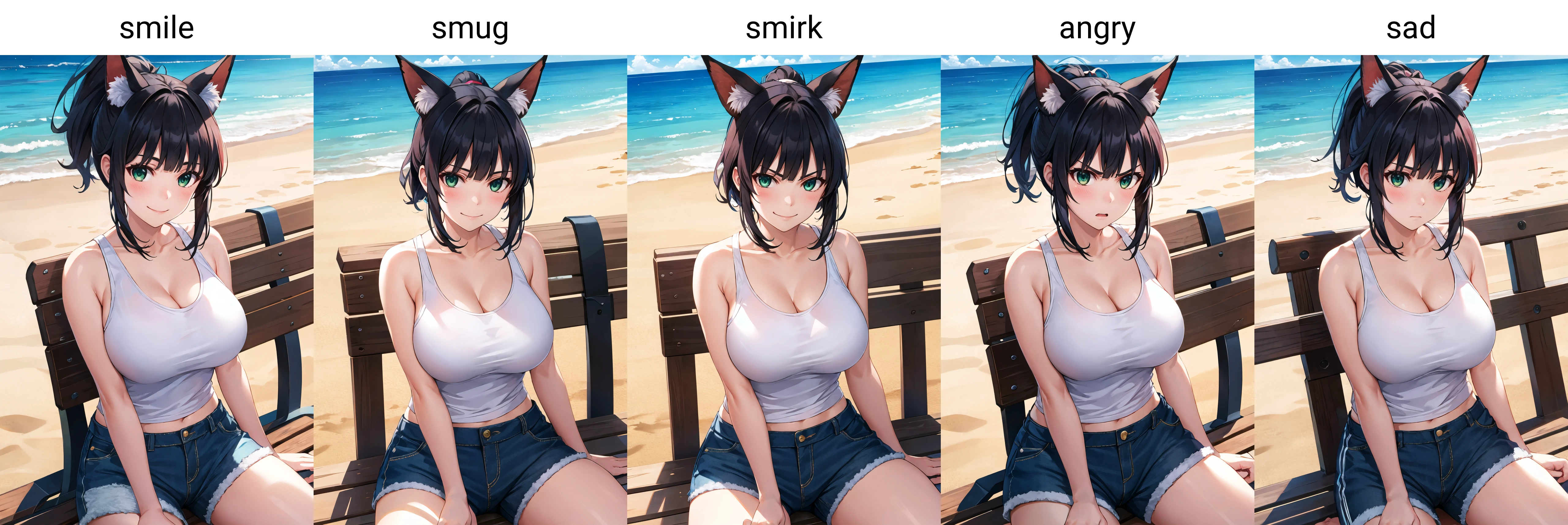 masterpiece, best quality, 1girl, solo, sitting, on bench, outdoors, beach, tank top, (white tank top:1.2), (black hair:1.2), green eyes, (smile), ponytail, blunt bangs, short hair, huge breasts, blue shorts, fox ears, <lora:Misaki-Kurehito-Locon:1>