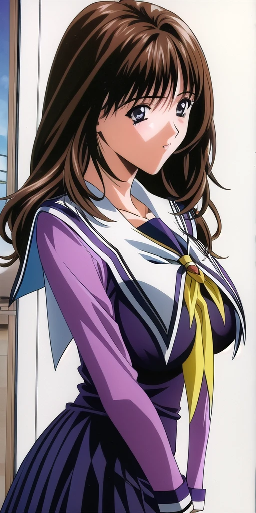 master, chief yoshizuki_iori, huge_breasts, standing, solo, <lora:yoshizuki_ioriV5:1> school_uniform_purple_shirt_blue_skirt_white_neckerchief_black_thighhighs, masterpiece, best quality, detailed face, detailed eyes, highres,