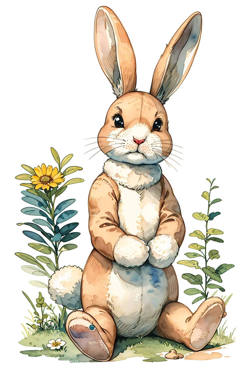master piece, high quality, vintage watercolor, illustration, cute, stuffed animal, a cute rabbit, plant,flower, on a white background