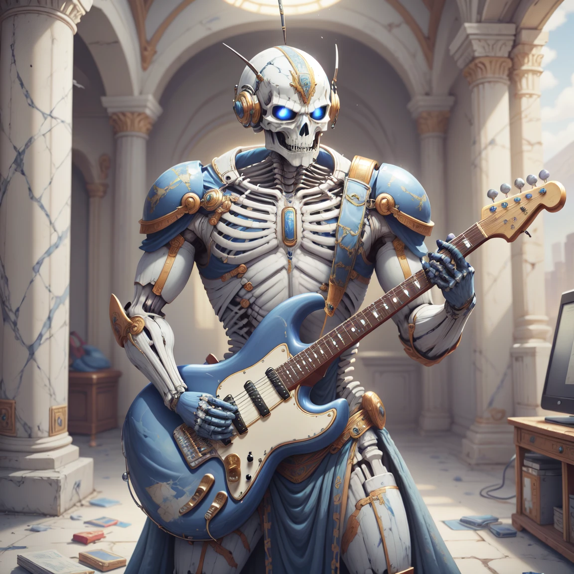 <lora:Greekworld:1> greekworld, scifi, skeleton playing an electric guitar, bones, ribs,