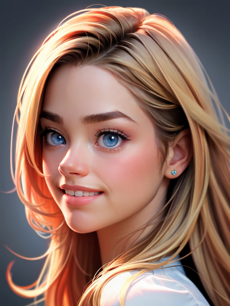 Realistic photo of a beautiful d3n1s3r woman, 1girl,solo,long hair,looking at viewer,smile,blue eyes,blonde hair,simple background,brown hair,upper body,parted lips,teeth,grey background,from side,lips,looking to the side,portrait,realistic,nose, soft lighting, professional Photography, Photorealistic, detailed, RAW, analog, sharp focus, 8k, HD, high quality, masterpiece<lora:d3n1s3r:1.0>
