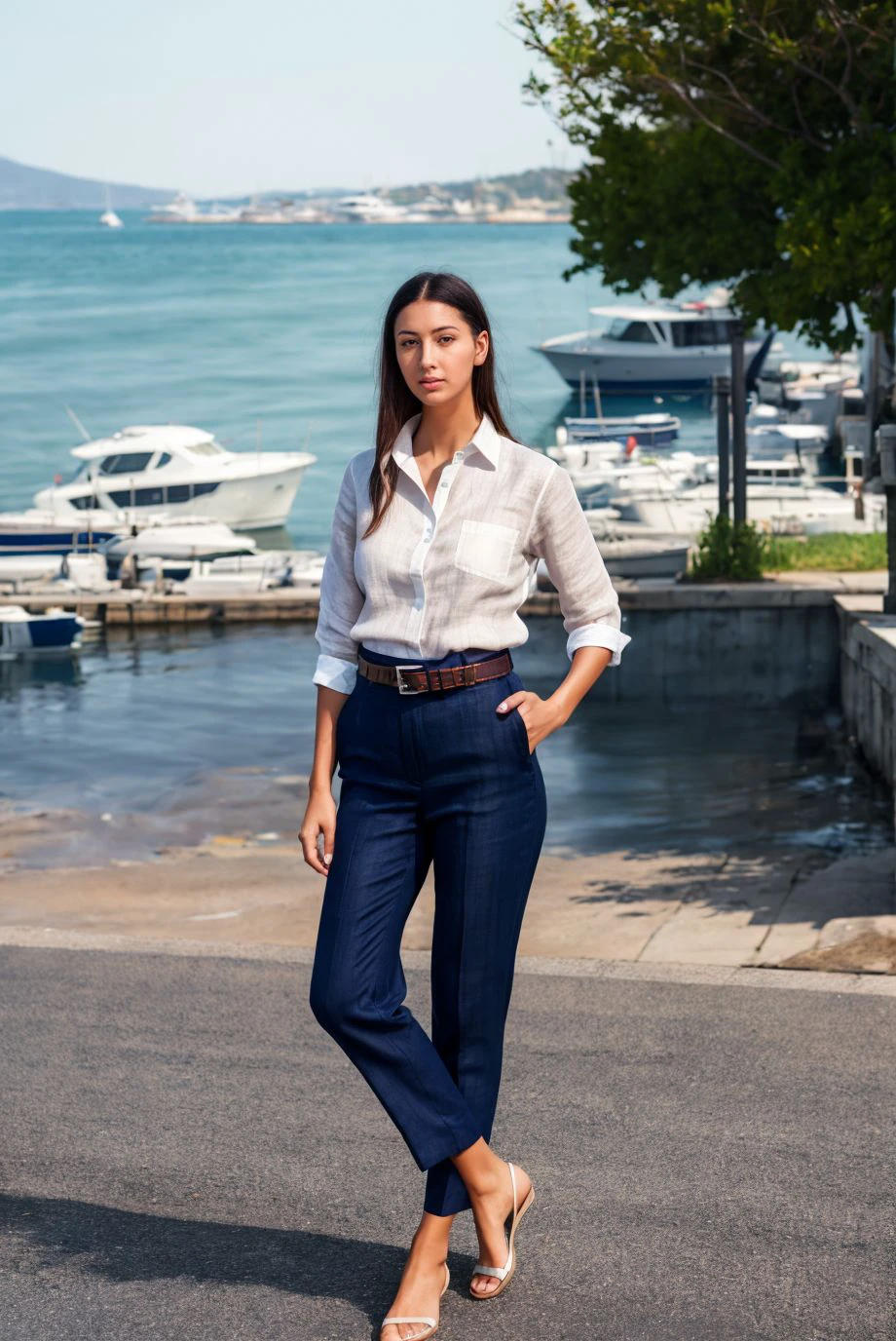 A full color portrait of a beautiful woman wearina a linen shirt and navy slacks, active harbor,HDR Foto,epic character composition,by ilya kuvshinov, alessio albi, nina masic,sharp focus, subsurface scattering, f2, 35mm, film grain <lora: kittyja:1>