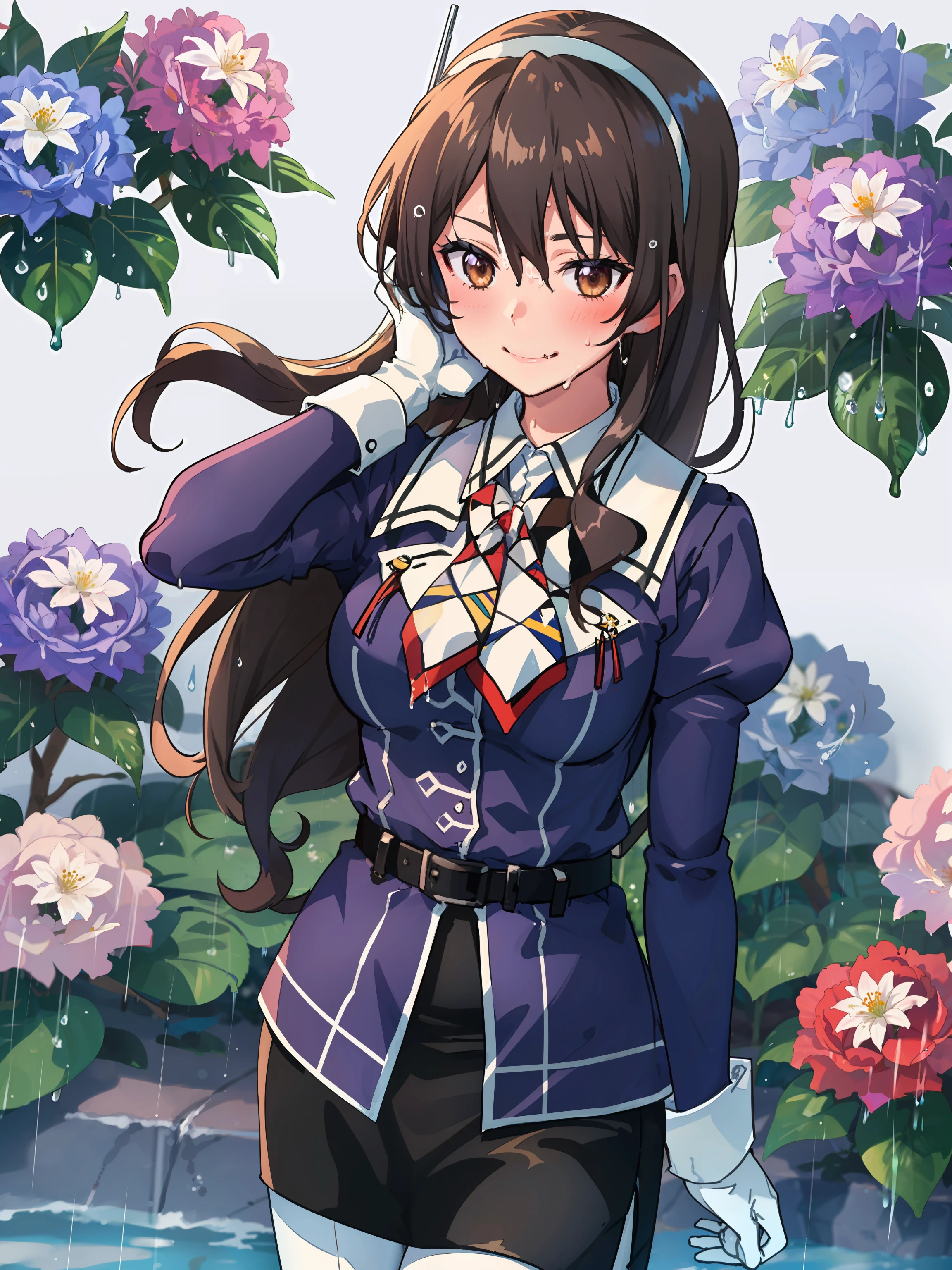 ashigara \(kancolle\), 1girl, solo, pantyhose, gloves, rain, skirt, hydrangea, smile, closed mouth, uniform, looking at viewer, white gloves, wet, blush, pencil skirt, breasts, white pantyhose, fang, belt, wavy hair, flower, large breasts, original, intricate detail, illustration, masterpiece, extremely detailed CG unity 8k wallpaper, highlight, sharpening, dynamic, <lora:Ashigara:0.8>,