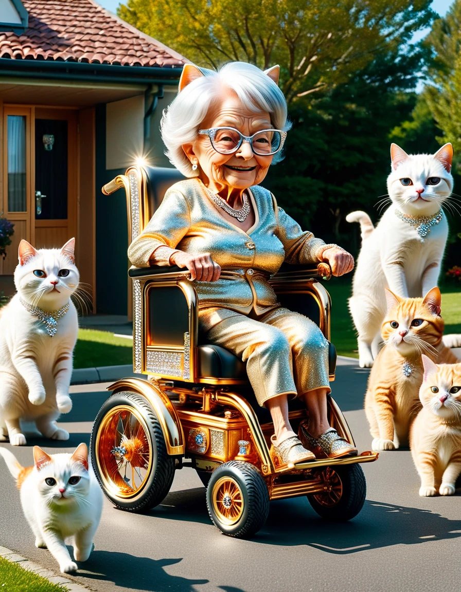 granny riding a very small wheelchair made of ral-bling <lora:ral-bling-sdxl:1> doing wheelies in front of a retirement home while cats cheering