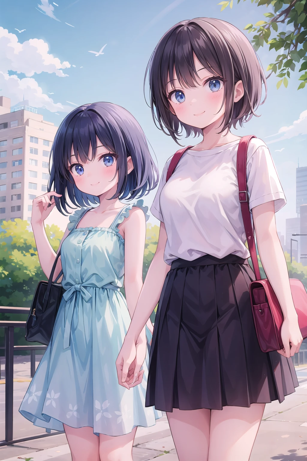 Photorealistic、Highest quality、Highest Resolution、Highest quality、16K、Beautiful woman、cute、beautiful、Bob Cut Hair、Dark Hair、Pale blue eyes、Casual clothing、smile、Smile、sunny、Walking around the city、