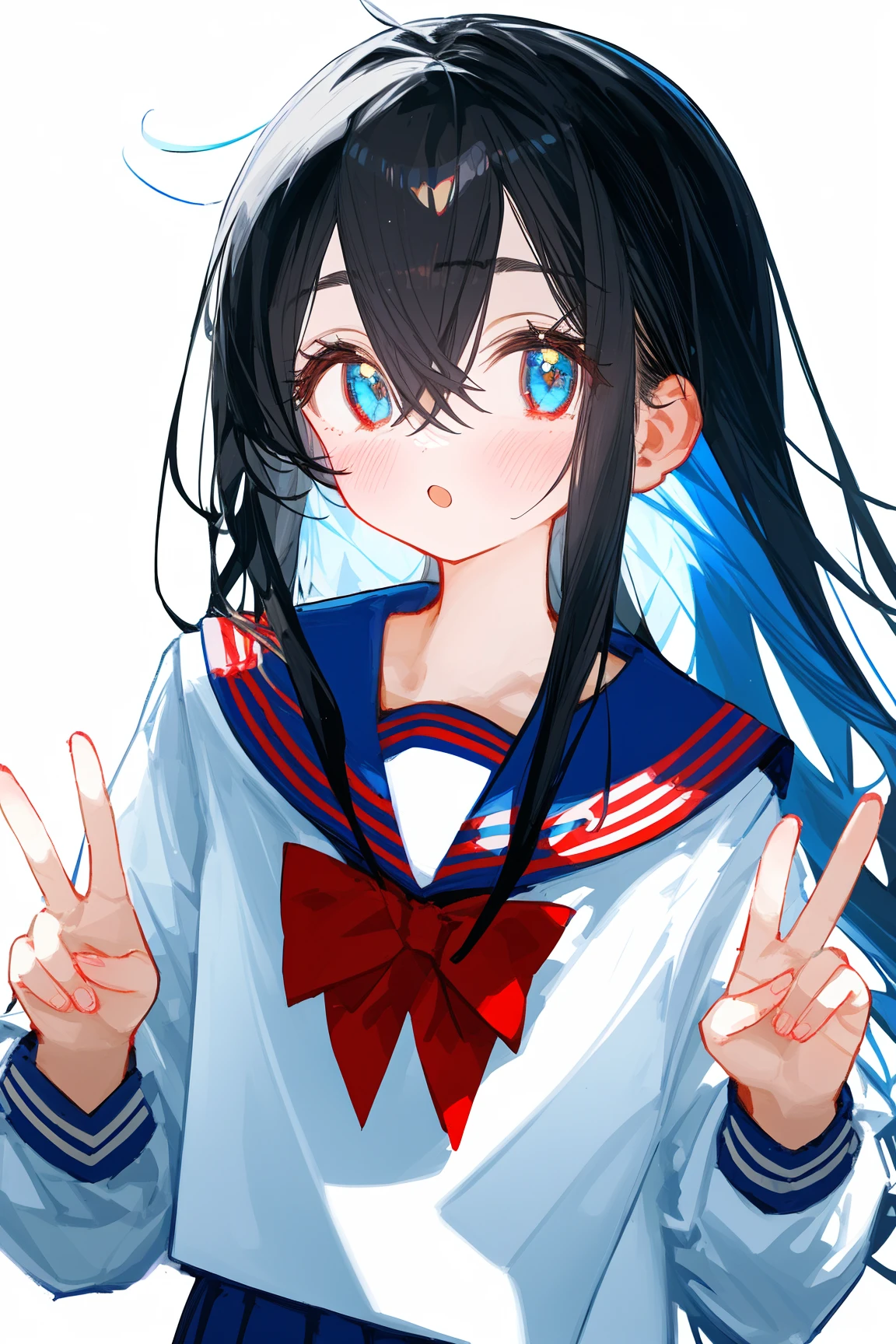 1girl, solo, black hair, long hair, bangs, hair between eyes, eyebrows visible through hair, looking at viewer, white shirt, serafuku, red bow, red bowtie, blue sailor collar, sailor collar, bowtie, long sleeves, blue skirt, pleated skirt, simple backgroundbest quality, amazing quality, very aesthetic, absurdres