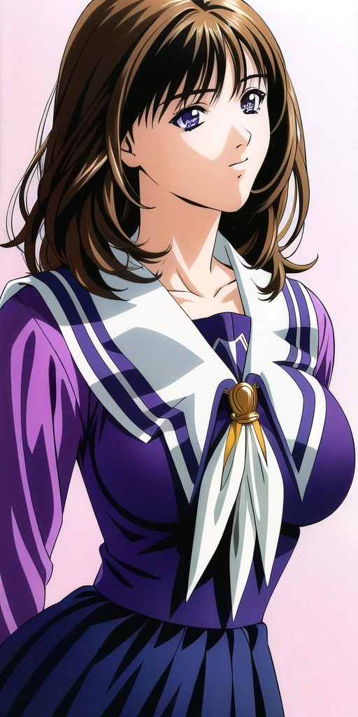 yoshizuki_iori, huge_breasts, standing, solo, <lora:yoshizuki_ioriV5:1> school_uniform_purple_shirt_blue_skirt_white_neckerchief_black_thighhighs, masterpiece, best quality, detailed face, detailed eyes, highres,