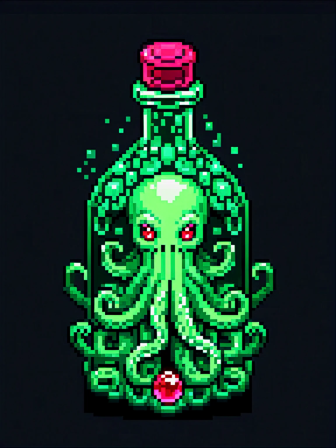 pixel art, cartoon illustration, tentacle green big bottle, lovecraft, Cthulhu, ruby gems, simple black background, game icon