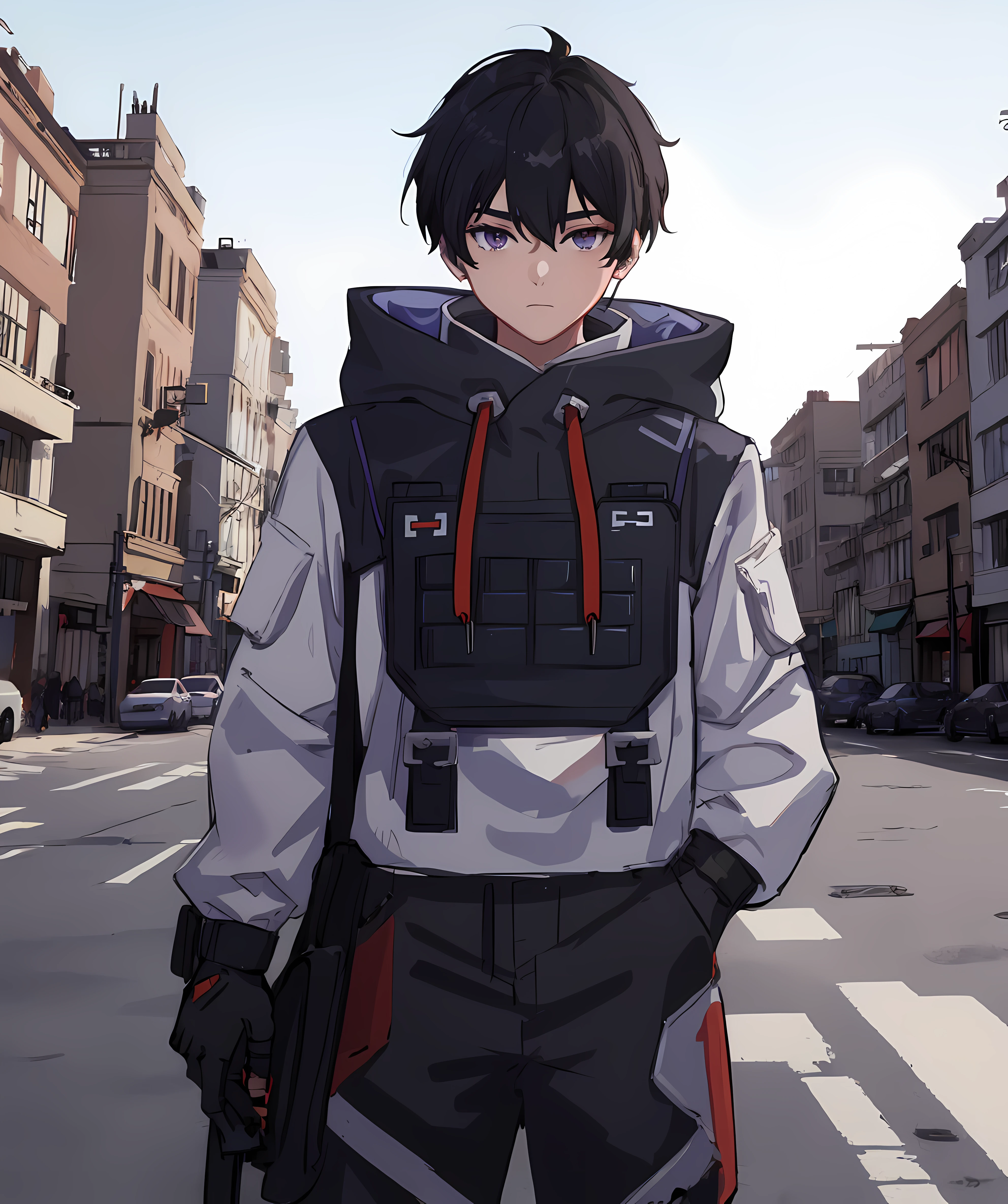 iso_valorant, standing, looking at viewer, jacket, hoodie, long pants, bandaid on face, short black hair, town, winter <lora:Iso-15:0.85>