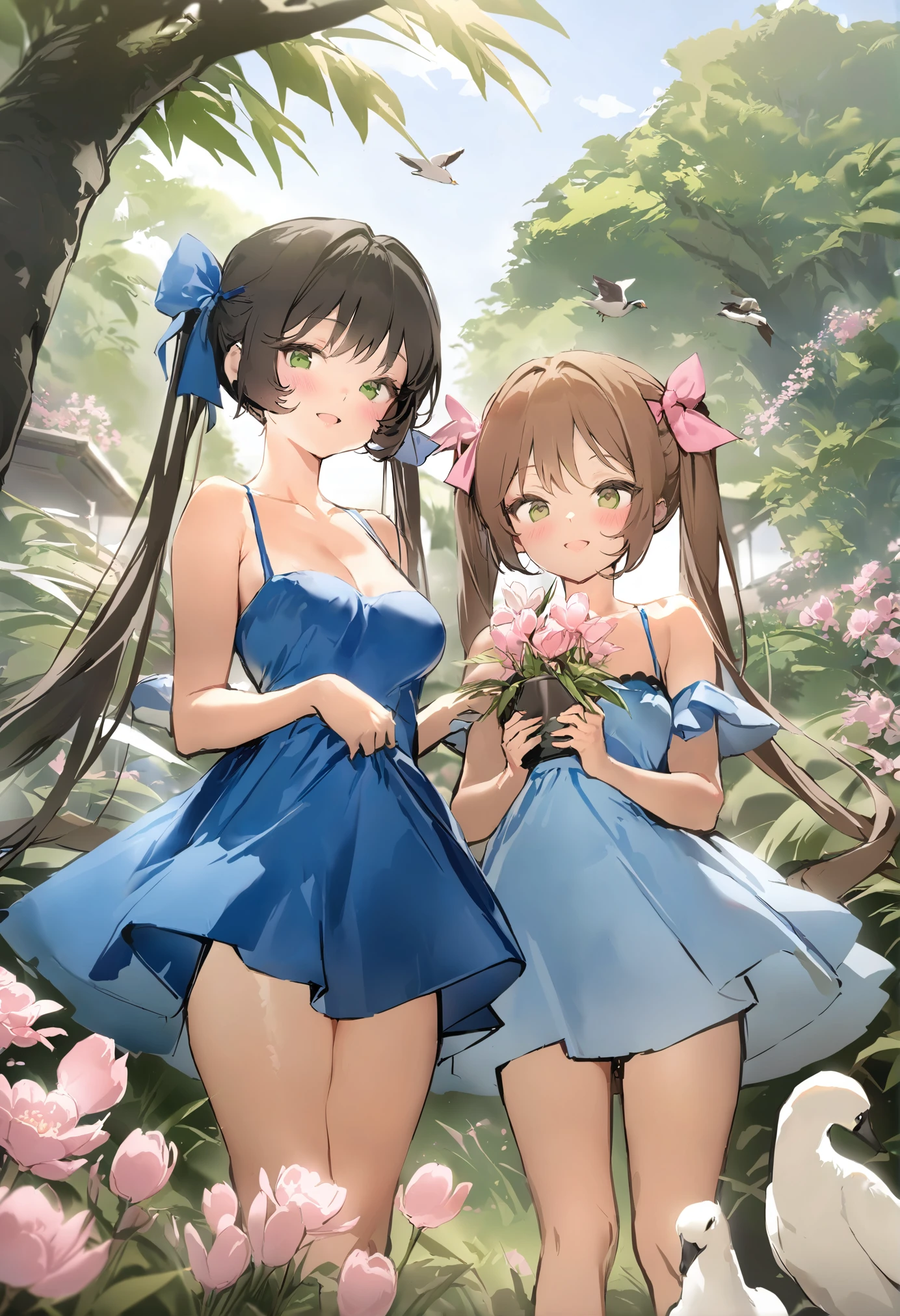masterpiece, best quality, <lora:anmiXL_V1:1.0>multiple girls, 2girls, dress, flower, twintails, outdoors, smile, green eyes, long hair, blue dress, black hair, bird, brown eyes, holding, brown hair, tree, day, bare shoulders, looking at viewer, standing, blush, bangs, plant, bow, breasts, open mouth, grass, sky, closed mouth, sleeveless, hair bow, sleeveless dress, pink flower, collarbone, hair ribbon, medium breasts