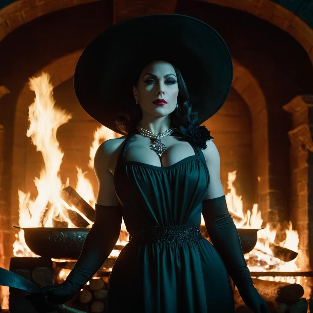 cinematic film still of Alcina Dimitrescu, Mrs. Dimitrescu, muscular, bodybuilding, Women, fire in background, covered in shadow, dramatic light, big breasts, Dimitrescu, White skin, pale skin, Red lips, Alcina Dimitrescu, Mrs. Dimitrescu, muscular, a Women in a long dress and a has standing in front of a fire, 1 girl, Alone, wide, has, tenure, standing, from behind, fire, claws, 1otro, fire, Hunter (transmitted by blood), viñeta, Very detailed, high budget, bokeh, cinemascope, epic, gorgeous, film grain, grainy
