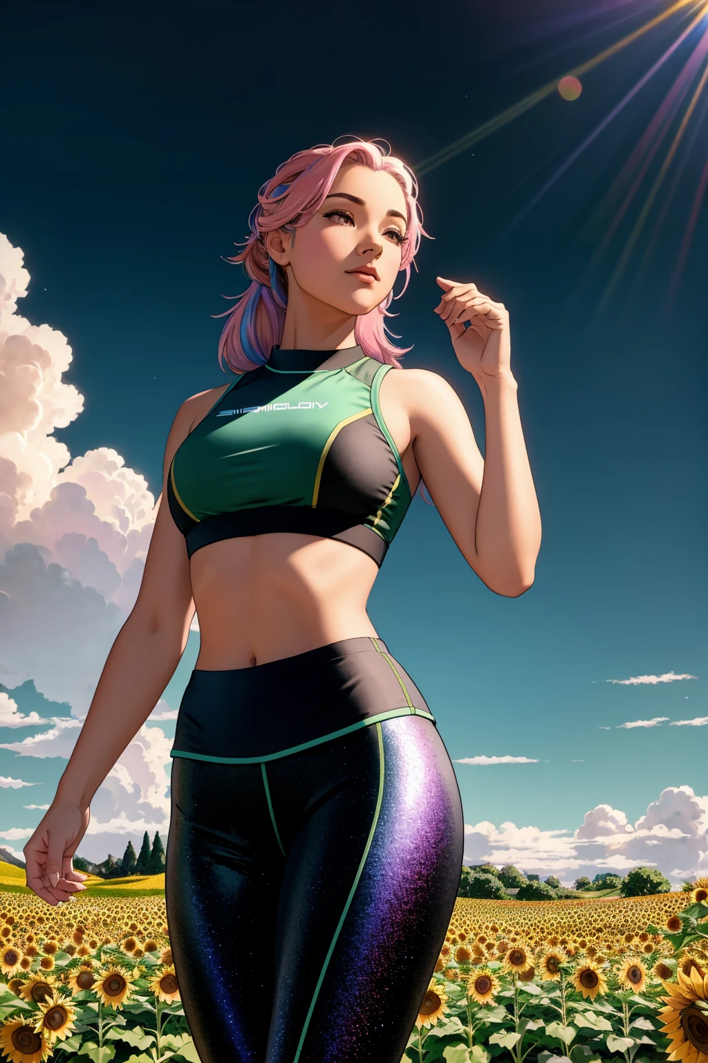 A young girl with red hair, light green eyes, and a few freckles, dressed in workout clothes. She is wearing bright blue or pink leggings that are extremely tight and a matching cropped top, accentuating her athletic and well-defined body. The focus should be on a view from the back with a slightly upward perspective, revealing a large, well-defined buttocks marked by the leggings. The leggings should create a clear V effect in the groin area. Ensure the image is of exceptional quality with a subtle glow on her skin to enhance the visual appeal.