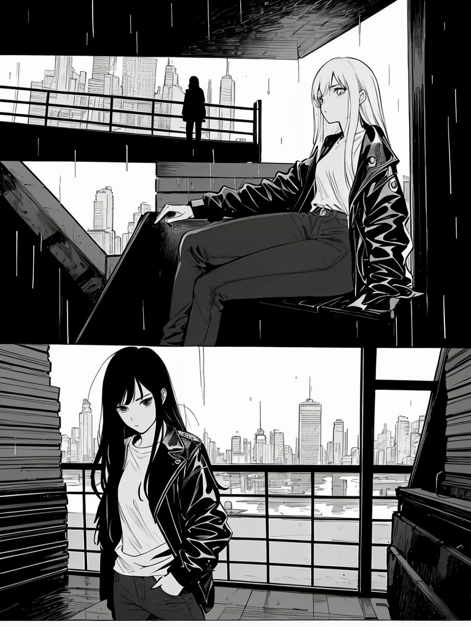 HEZI, black and white line, line tension, character tension, cool, long hair,long coat,jeans,cyberpunk theme,,rain in night,city,1girl,monochrome, greyscale, simple background,, (((masterpiece,best quality))),((good structure,Good composition,good atomy)), ((clear, original,beautiful)),.<lora:é»ç½çº¿ç¨¿-000003:0.6>