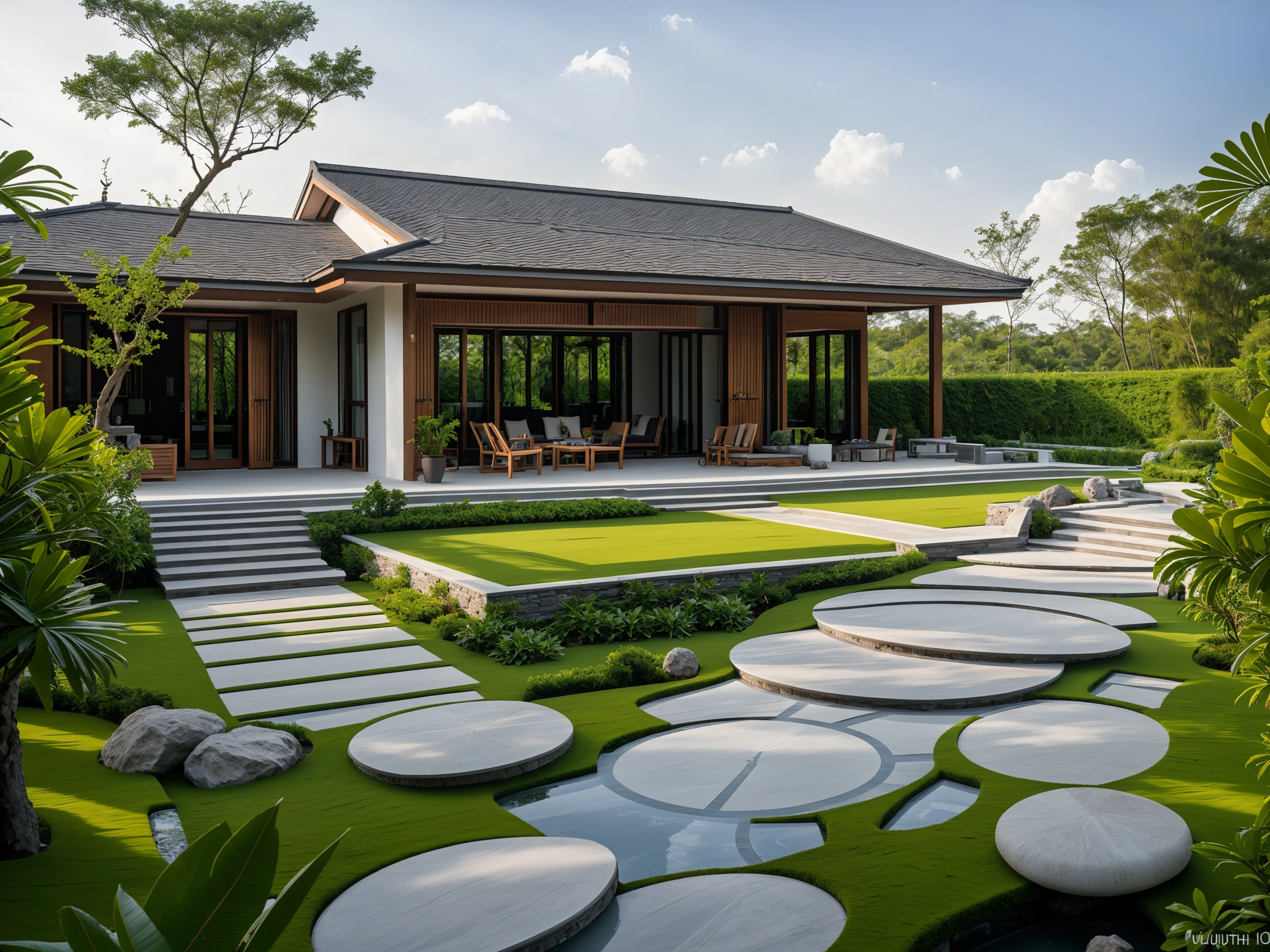 Picture a modern countryside villa exterior in Vietnam, featuring a sloped roof, ((stone)), traditional Vietnamese elements, a spacious courtyard with expansive green lawns, and tropical trees, surrounded by a lively morning atmosphere filled with genuine sunlight, Photography, use a wide-angle lens on a professional-grade camera to capture the authenticity of the scene,
RAW photo, (high detailed skin:1.2), 8k UHD, DSLR, soft lighting, high quality, film grain, Fujifilm XT3 <lora:epi_noiseoffset2:0.3> <lora:add detail:0.3>
<lora:3ArchiAI_countryvilla:0.4>  3ArchiAI_countryvilla