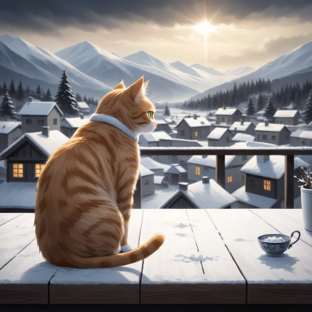 cat on table, winter, dramatic scene,