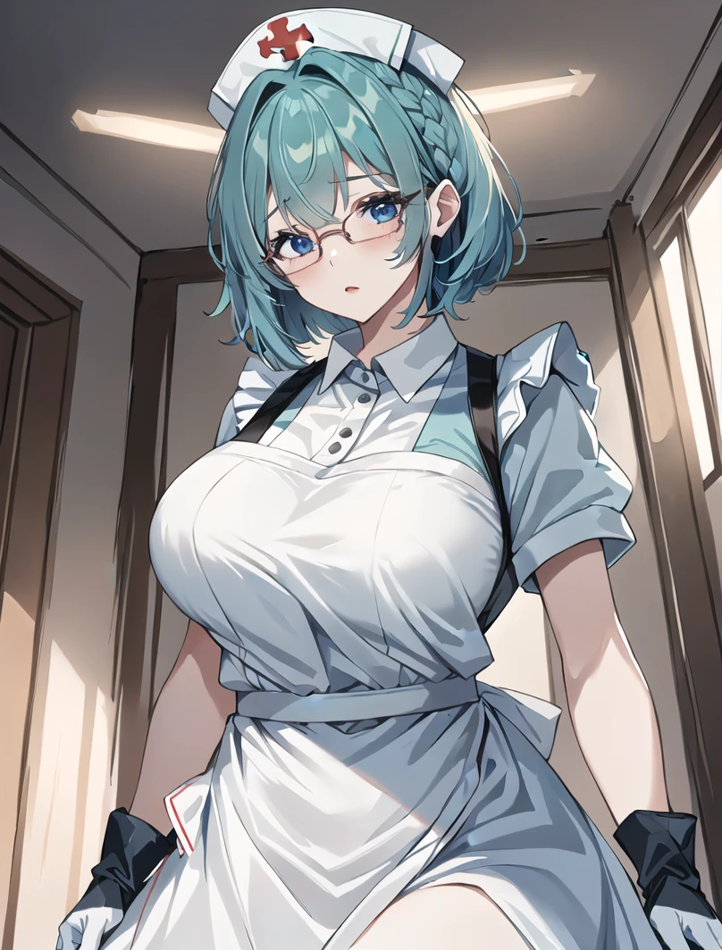 ((masterpiece, best quality, high quality)),1girl, (lower body, hospital), <lora:Long Nurse Apron 1:0.6> (nurse_uniform_long_3, gloves, apron, nurse cap, nurse,long dress), <lora:Sachie Uchiyama:0.7> (Sachie Uchiyama, 3dcg 11, 1girl, short hair, large breasts, hair between eyes, glasses, single braid, aqua_eyes, aqua_hair, pale_skin, pale-skinned female, bob cut, big hair),