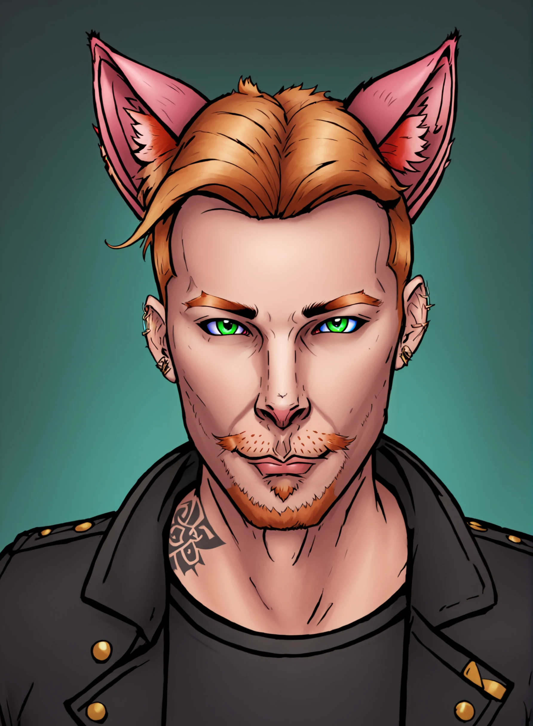 perfect face, ((solo, solo focus)), sidelighting, lustrous skin, (bloom), (shine), ray tracing, Odin Nathaniel Ellis, celtic osenayan catboy, age mid 30s, tattoos, faux hawk, strawberry blonde hair, attractive male, cat ears, animal ears, animal ear fluff, beard, american, stubble, slender, slightly nerdy, very dad like, full body, wide shot, 4 point perspective, vantage point, LUT like a