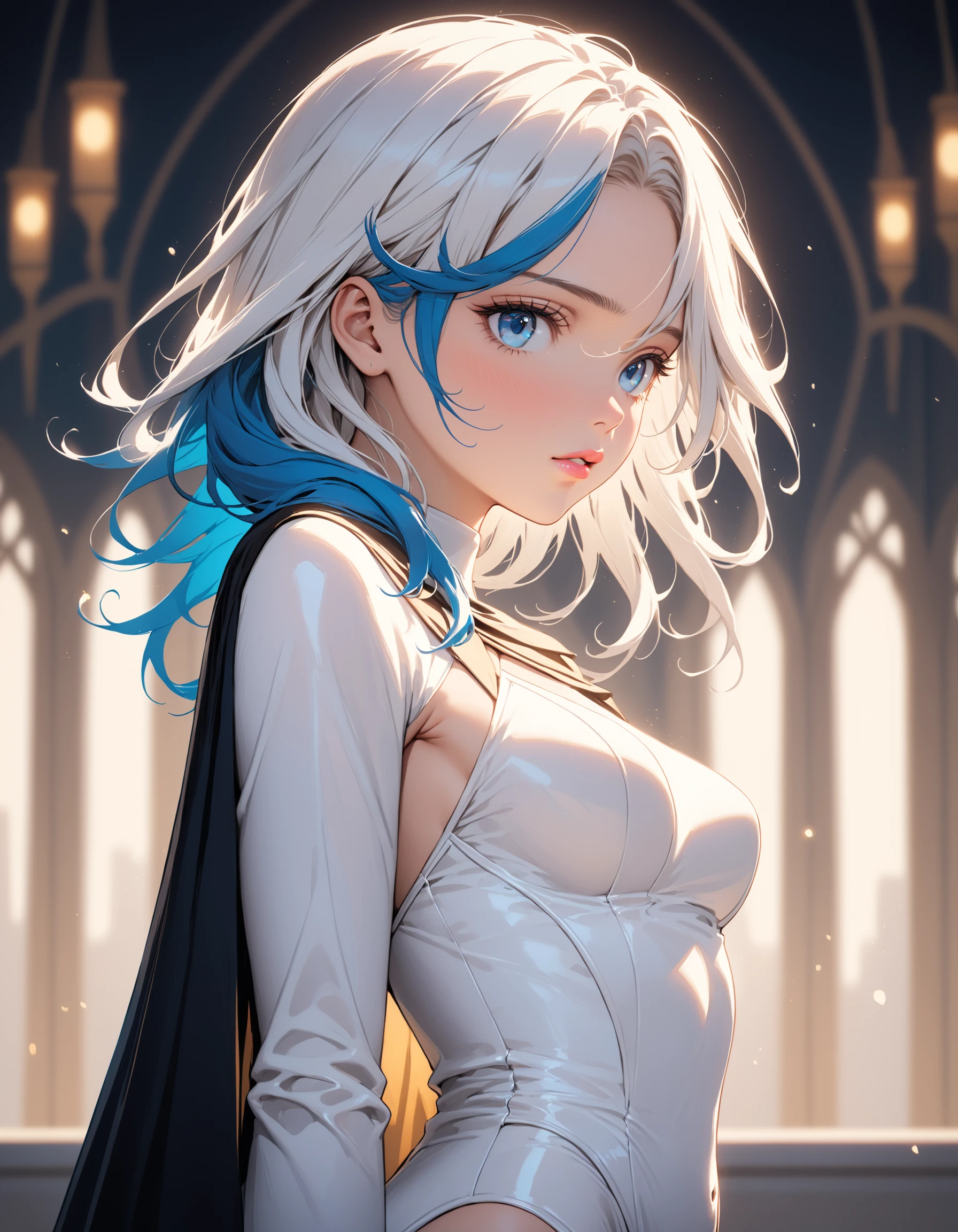 Mj Osea Style, 1girl, solo, long hair, blush, blue eyes, long sleeves, dress, medium breasts, blue hair, white hair, parted lips, medium hair, cape, white dress, blurry, leotard, lips, looking to the side, blurry background, looking away,, masterpiece, best quality , <lora:MJ-OSEAXL:0.8>