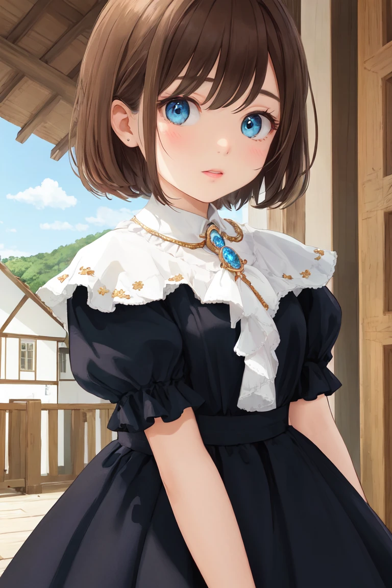 masterpiece, best quality, detailed, 1girl, close up,brown hair, blue eyes, brooch, laces, frilled sleeves, dress, village, arms behind back,orange theme