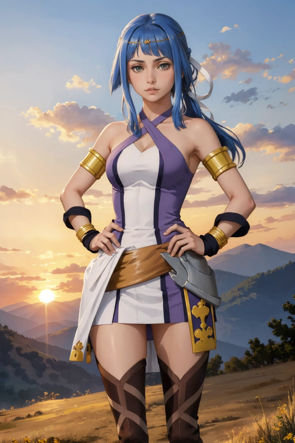 (masterpiece, best quality), 1girl,   <lora:danartemis-nvwls-v1:1> danArtemis, long hair , hair ribbon, circlet, halterneck, criss-cross halter, white and purple dress, armlet, white skirt, thigh boots