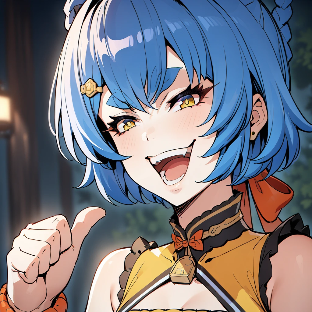 <lora:xl_kono dio da (meme) :1>,dio face,open mouth,smile,thumbs up,(xiangling \(genshin impact\):0.8),, masterpiece, best quality,