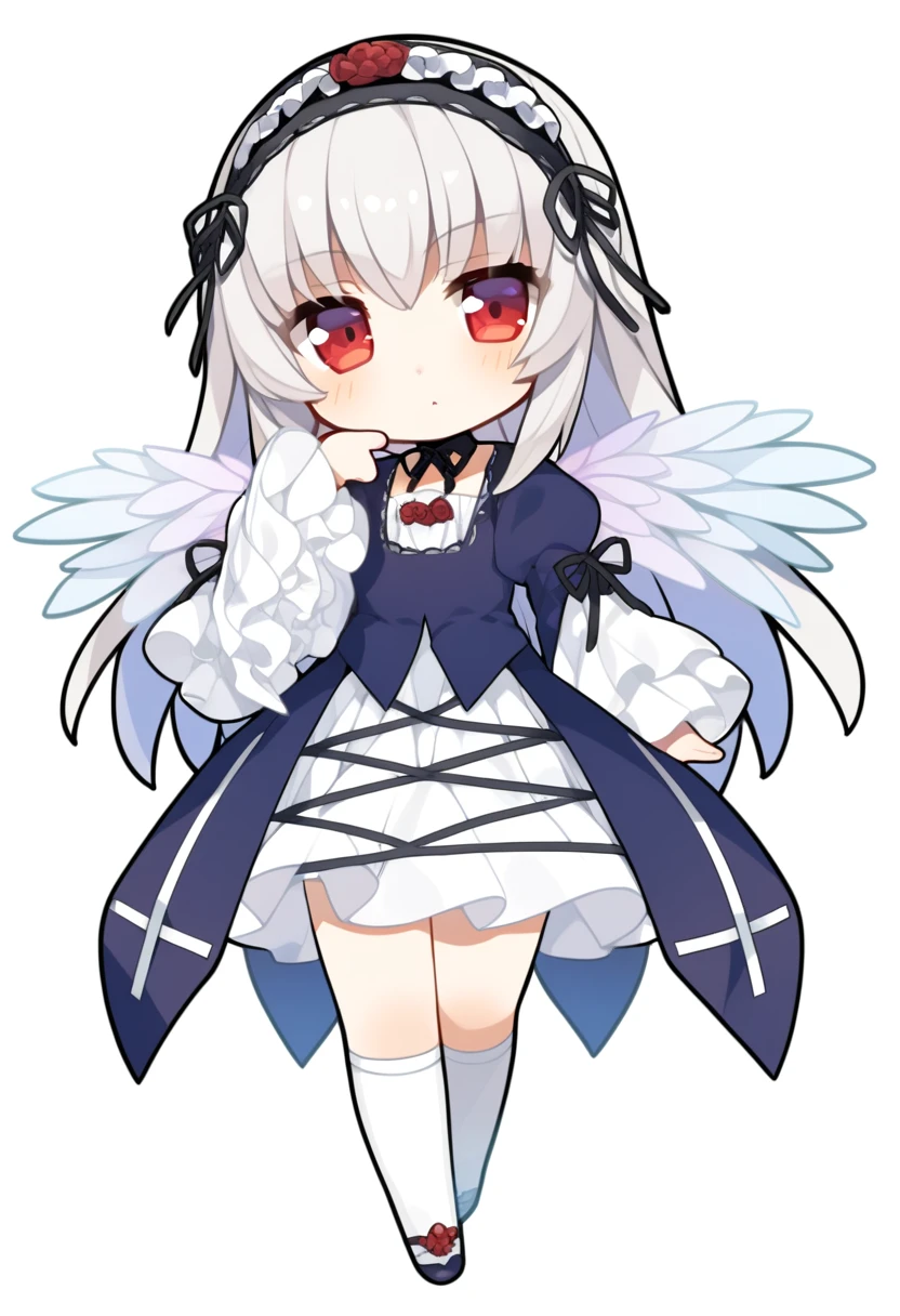 1girl, suigintou, solo, chibi, wings, hairband, red eyes, dress, long hair, grey hair, full body, white background, flower, high quality, late, <lora:char - suigintou - v1 - bionagato:1>