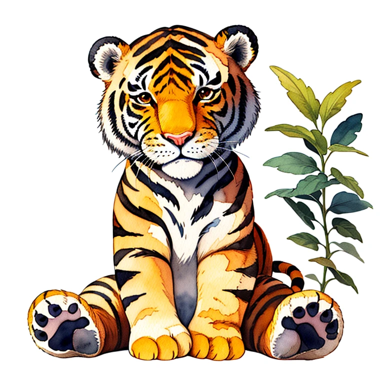 master piece, high quality, vintage watercolor, illustration, cute, stuffed animal, a cute tiger, plant,flower, on a white background