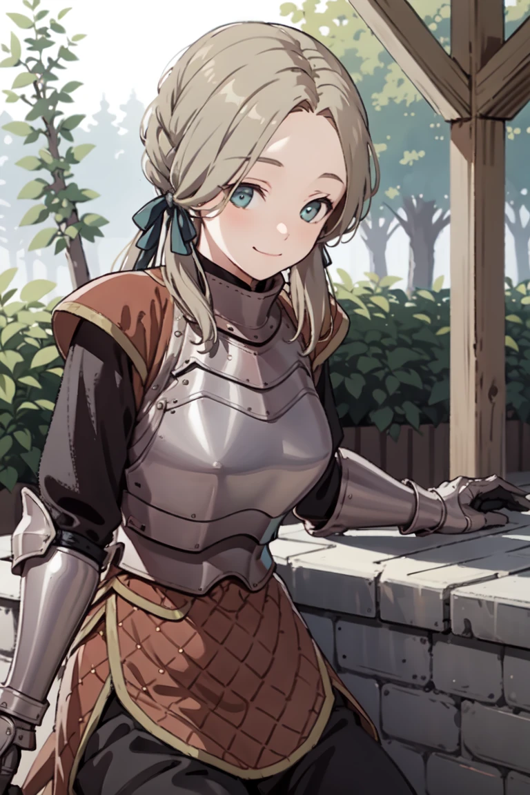 masterpiece, best quality, flechefe, 1girl, solo, hands on floor, hair over shoulders, hair ribbon, armor, breastplate, red chainmail, long sleeves, gauntlets, gloves, pants, boots, smile, closed mouth, outdoors, nature,arms behind back, leaning forward,looking at viewer,upper body