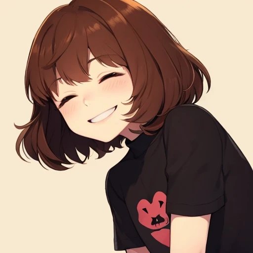 <lora:Frisk_Undertale:1>, frisk undertale, brown hair, short hair, closed eyes, black shirt, smiling