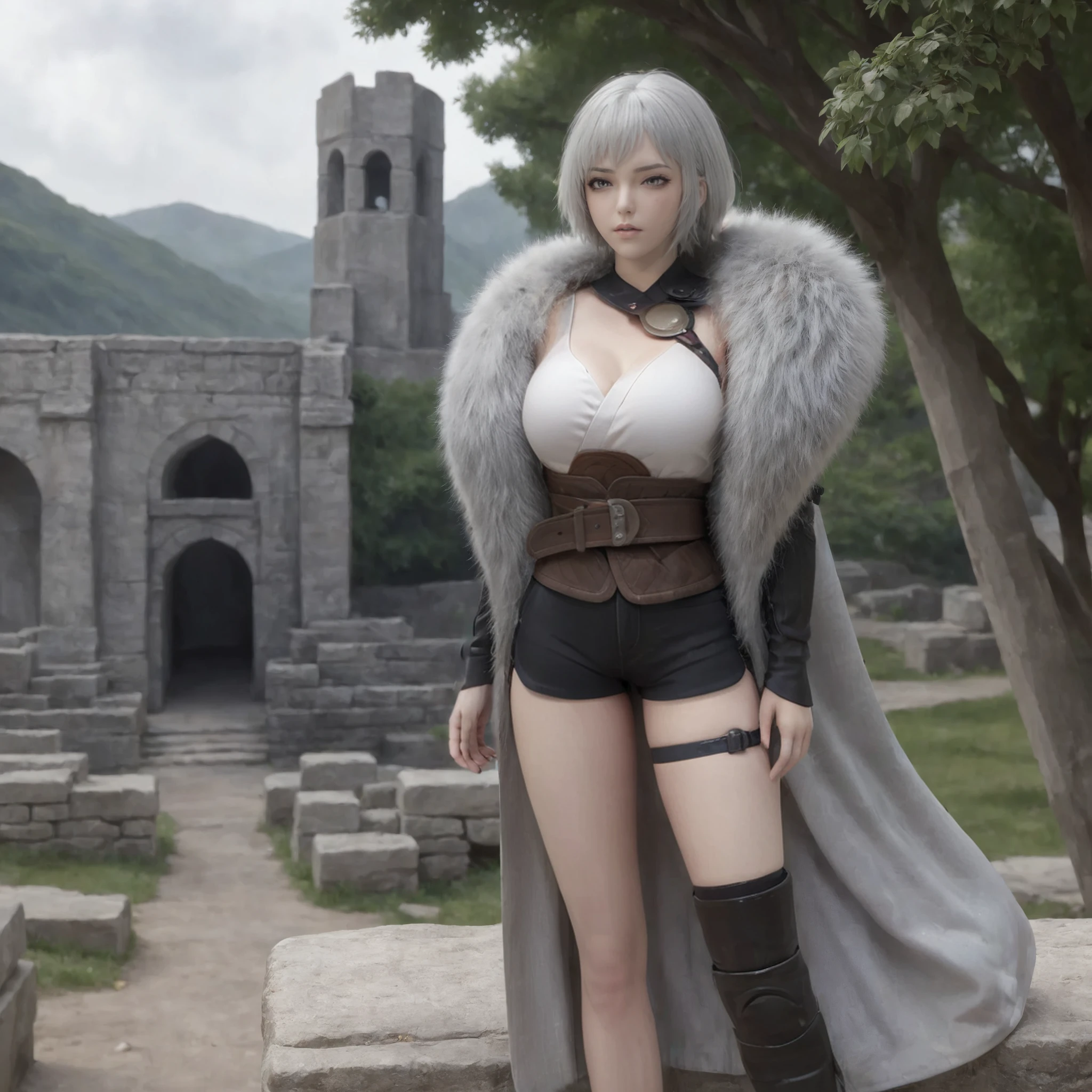 baiyuekui,solo,full body,gray fur cape,single thighhigh,thigh strap,asymmetrical legwear,black shorts,boots,black footwear,belt,high heels,
outdoors,War ruins,
narrow waist,wide hips,large breasts,white hair,short hair,
(masterpiece,best quality,ultra_detailed,highres,absurdres:1.2),(photorealistic:1.4),
<lora:neg4all_bdsqlsz_xl_V7:1.4>,<lora:baiyuekui_V5:0.7>,