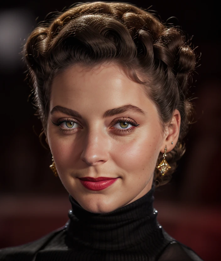 a51g3r , Ultra-HD-details, Black background, smile, detailed eyes, 50s dress, cotton hair, 40s makeup, 50s style, Necklace, jewelry, ((Turtleneck red)), intricate 