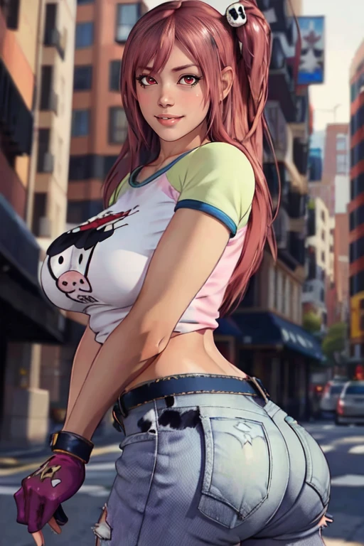 masterpiece,best quality,extreme detail,8k,<lora:honoka:0.8>,honoka2,1girl,solo,long hair,breasts,smile,skirt,large breasts,shirt,hair ornament,red eyes,gloves,pink hair,belt,blurry,lips,torn clothes,blurry background,one side up,denim,animal print,t-shirt,single glove,jeans,realistic,cow print,skull hair ornament,