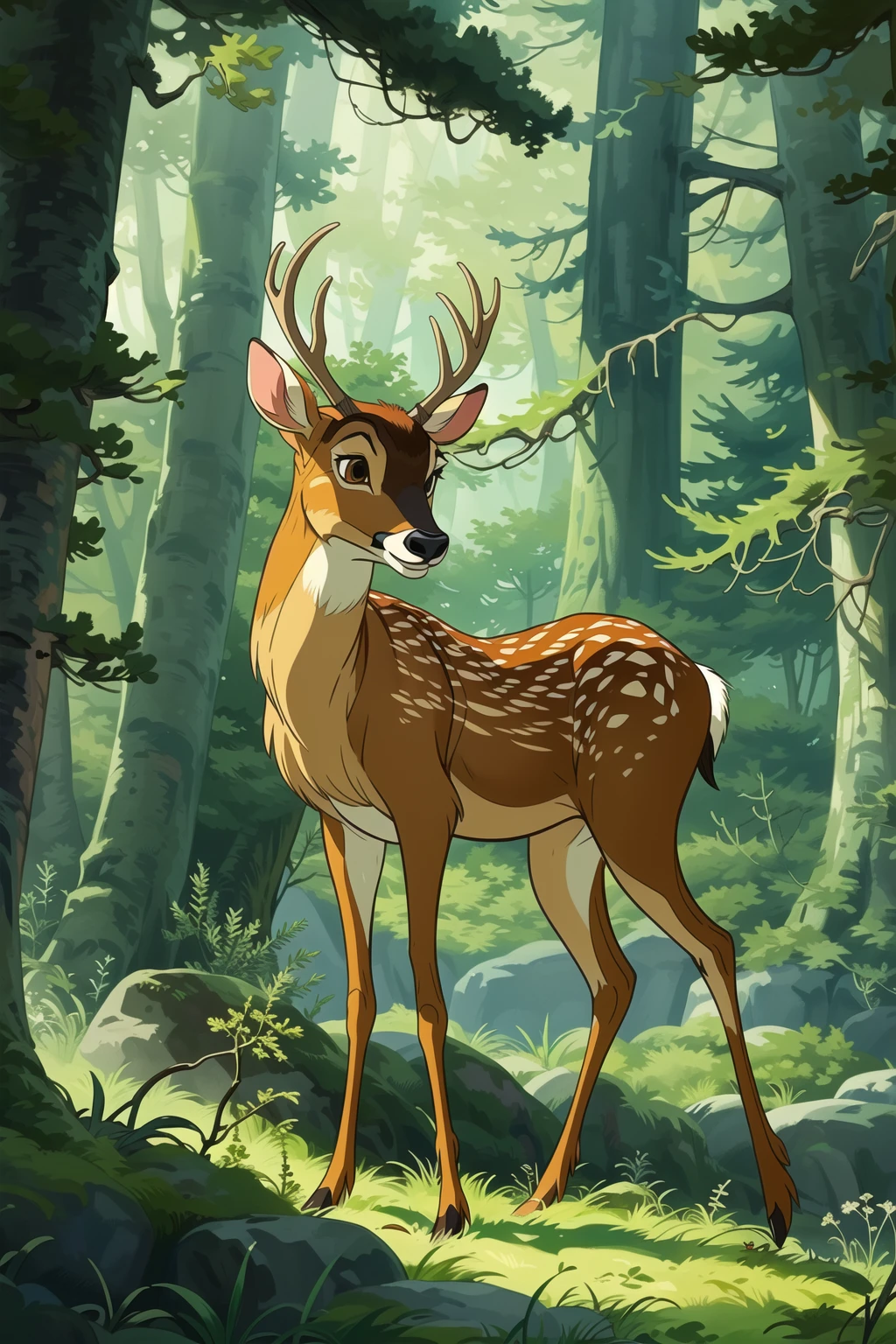 master piece, high quality, A deer in the forest, Disney style,animated film, cartoon