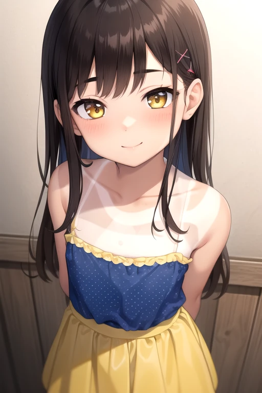 ((masterpiece)),(best quality),official art,extremely detailed CG,unity 8k wallpaper,ultra detailed,beautiful detailed eyes,extremely detailed face,1girl,solo,upper body,(portrait:1.5),looking at viewer,facing viewer,smile,standing,child,petite,shoujo ramune,sayama chie,tanlines,tan,brown hair,very long hair,x hair ornament,side swept bangs,sidelocks,yellow eyes,bare shoulders,collarbone,flat chest,one-piece tan,strap,blue shirt,polka dot shirt,yellow skirt,polka dot skirt,frilled skirt,sandals,<lora:Sayama Chie(sr)>,