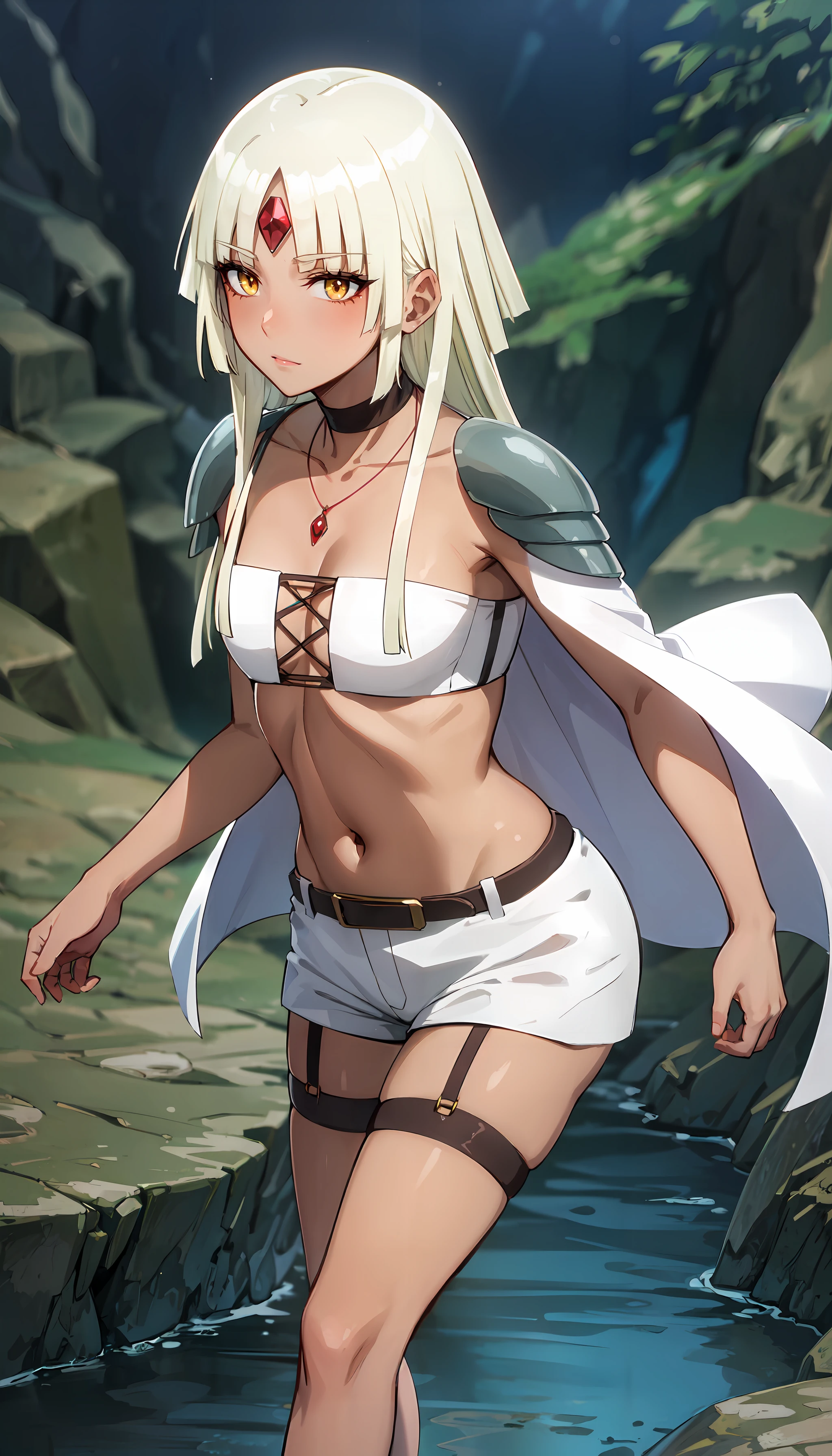 masterpiece, best quality, highres, aamnp, high ponytail, facial mark, medium breasts, bodypaint, hood, headgear,  fur-trimmed cape, red cape, breast curtain, underboob, midriff, loincloth, highleg panties, o-ring bottom, thigh strap, <lora:minneapolis_(azur_lane)_v1:0.7>, forest, cowboy shot, standing, smile, hand on hip,