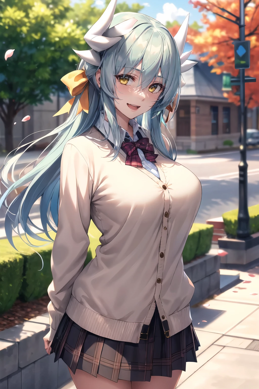 masterpiece, best quality, highres, aakiyo, long hair, aqua hair, white horns, hair bow, yellow bow, yellow eyes, <lora:kiyohime_(lancer)_v1:0.7>, cardigan, plaid skirt, arms behind back, smile, open mouth, petals, outdoors, big breasts <lora:piromizu-style_547920:1>