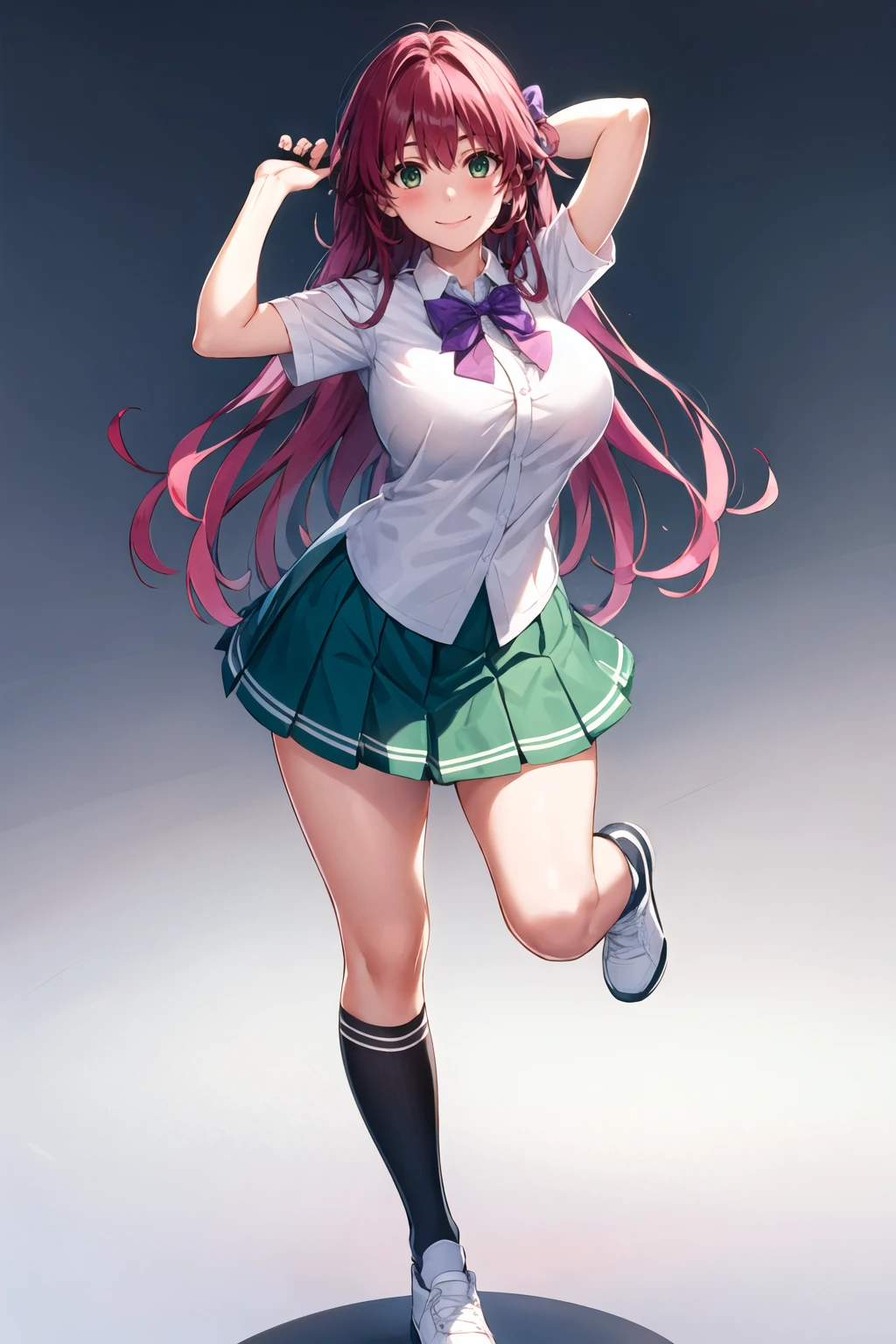 masterpiece, best quality, 1girl, solo, long hair, breasts, looking at viewer, blush, smile, bangs, skirt, large breasts, simple background, shirt, white background, bow, closed mouth, school uniform, green eyes, standing, full body, white shirt, pink hair, short sleeves, pleated skirt, shoes, socks, collared shirt, miniskirt, bowtie, huge breasts, arm up, gradient, kneehighs, gradient background, white footwear, standing on one leg, green skirt, black socks, purple bow, shirt tucked in, uwabaki, purple bowtie, tented shirt, <lora:Misaki-Kurehito-Locon:1>