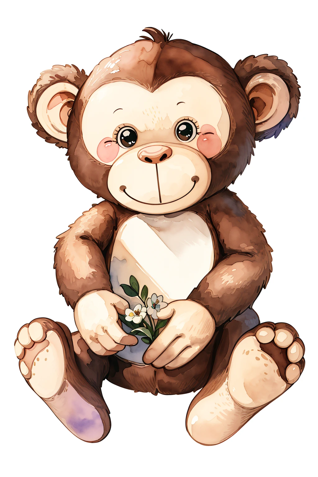 master piece, high quality, vintage watercolor, illustration, cute, stuffed animal, a cute monkey, plant,flower, on a white background