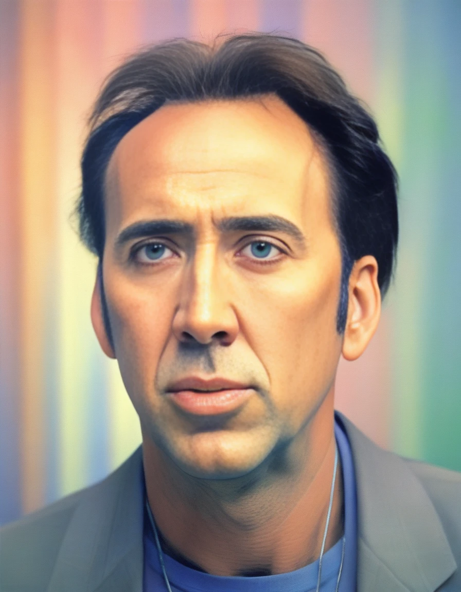 NicolasCage,<lora:NicolasCageSDXL:1>, [ (designed by Lyonel Feininger:0.9) | (Alberto Biasi:1.1) ], portrait, Cutester Art, masterpiece,close up of a Unconventional Man, deep focus, Lens Flare, 50mm, Pastel Colors, stylized