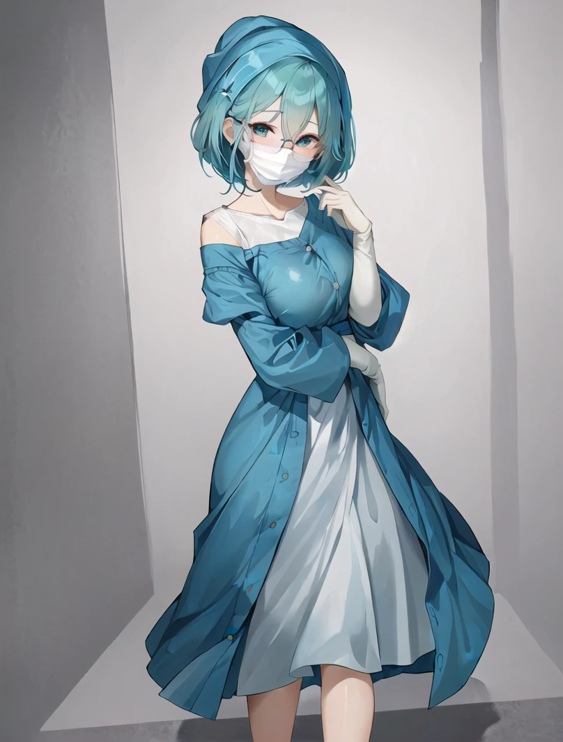 ((masterpiece, best quality, high quality)),1girl, (lower body, hospital), <lora:Surgical uniform:0.9> (surgical_uniform, mask, long sleeves, surgical mask,long dress, gloves,hat covering hair, hat,hair cover), <lora:Sachie Uchiyama:0.7> (Sachie Uchiyama, 3dcg 11, 1girl, short hair, large breasts, hair between eyes, glasses, single braid, aqua_eyes, aqua_hair, pale_skin, pale-skinned female, bob cut, big hair),